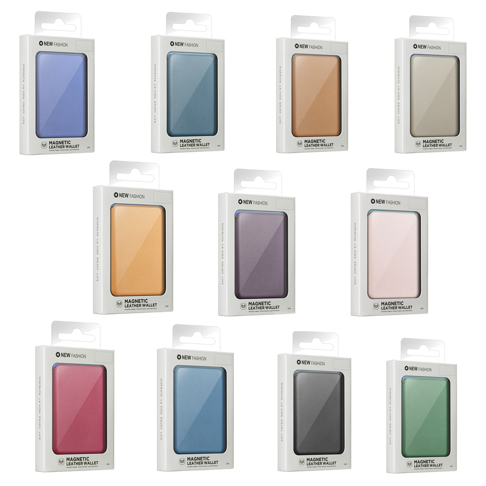 Magnetic card holder wallet retail packages, assorted colors shown