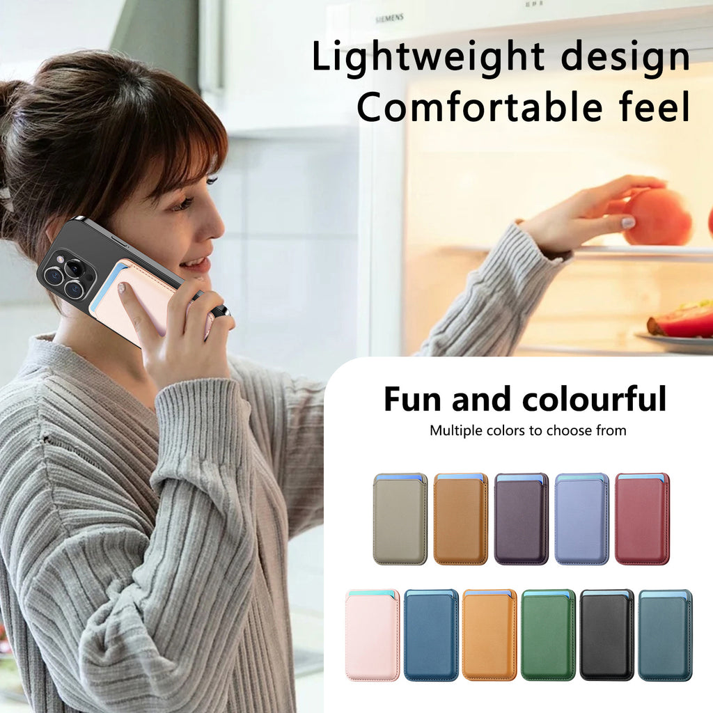 MagSafe card holder case with multiple color options, shown on a smartphone for calls.