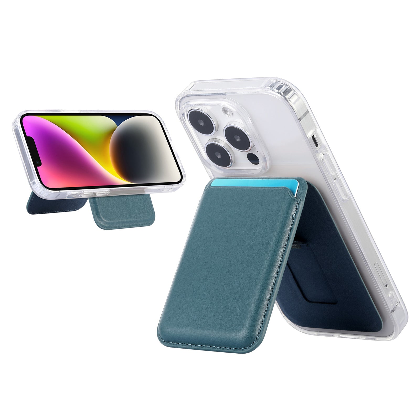 Magnetic card holder wallet for iPhone, teal leather-look pocket with magnetic stand