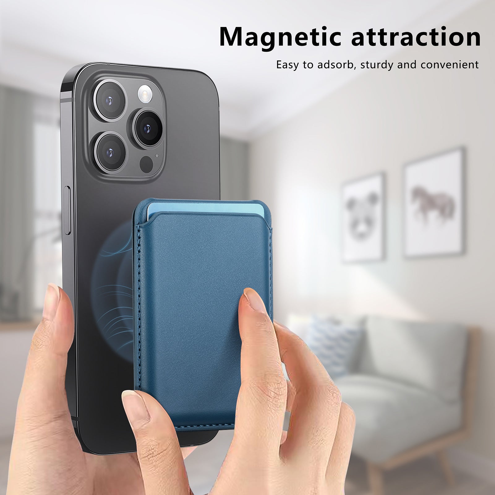 Magnetic Magsafe card holder wallet, blue leatherette card slot, attaches to phone
