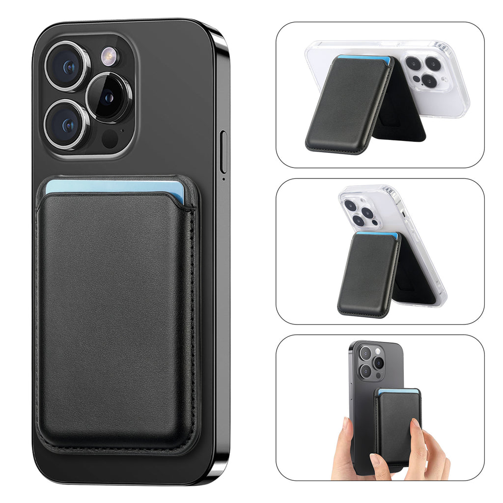 MagSafe card holder wallet clip, black leather with stitching, magnetic phone stand