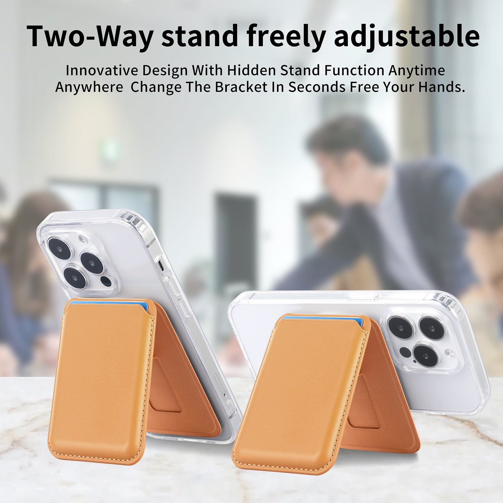 Magnetic MagSafe card holder with tan stand flap on phone, two adjustable stand angles.