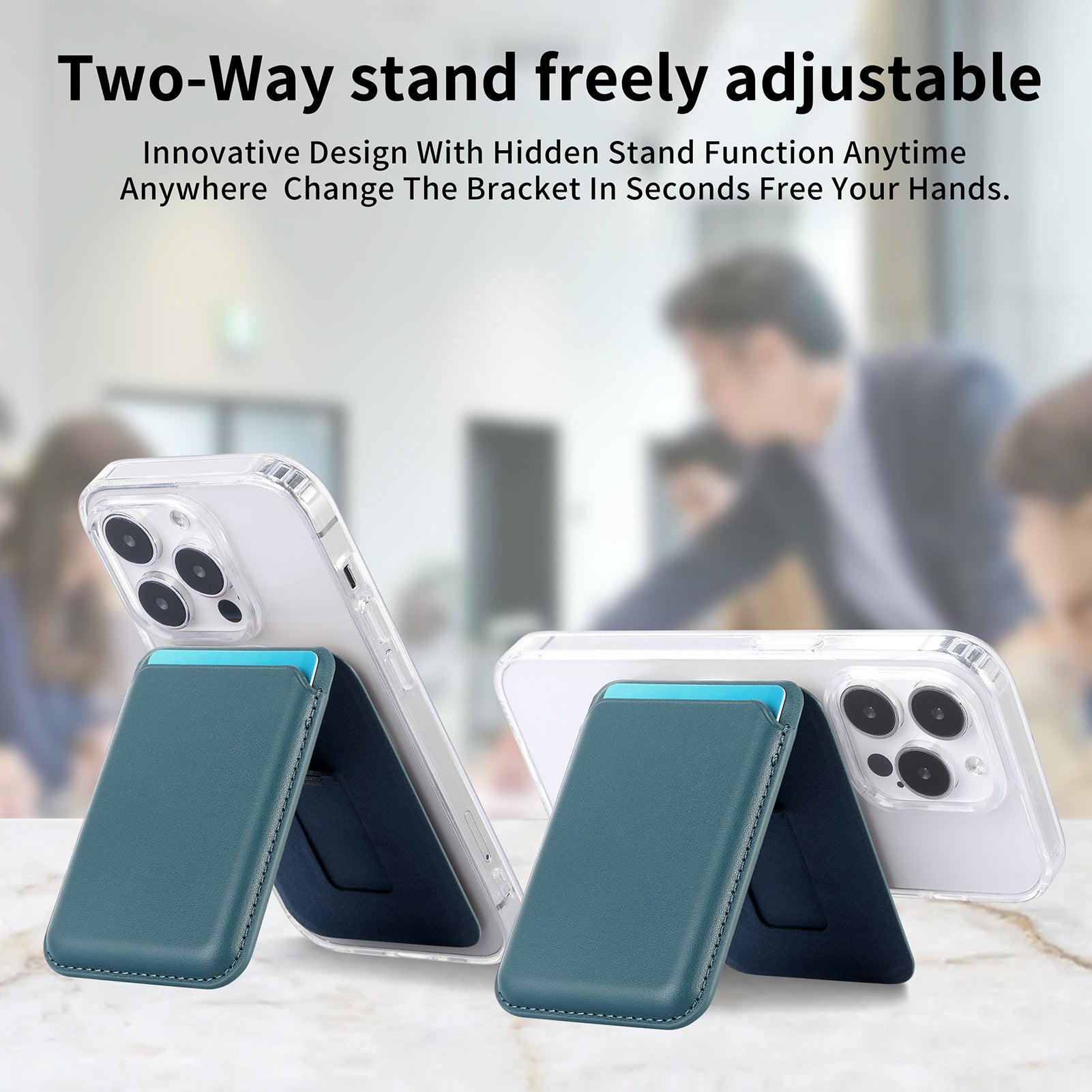 Magnetic MagSafe card holder with teal stand flap on phone, two adjustable stand angles.