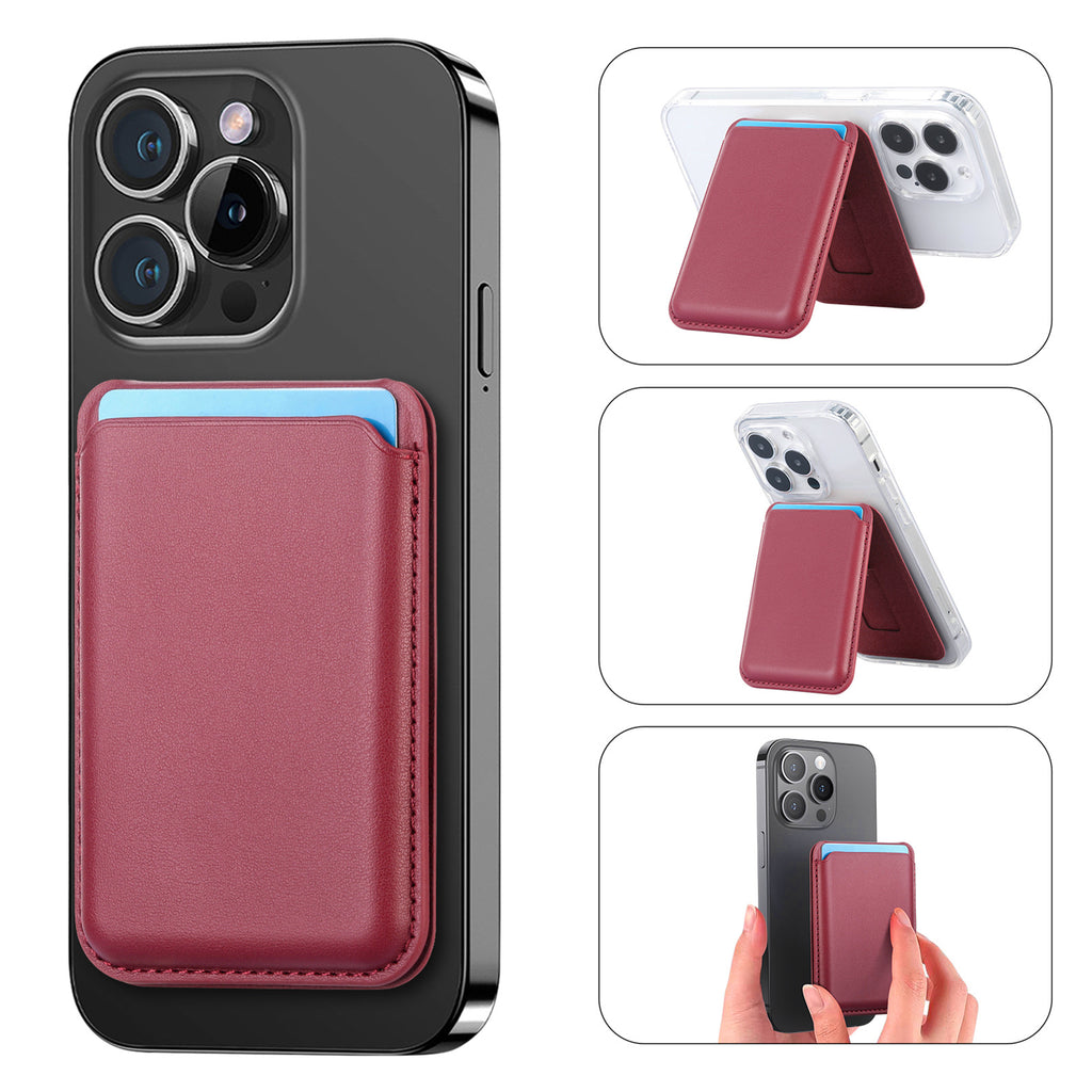 MagSafe card holder wallet with pink leather-look front and magnetic clasp