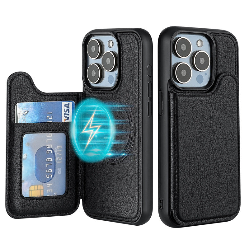 Black leather-look iPhone case with card holder and MagSafe ring