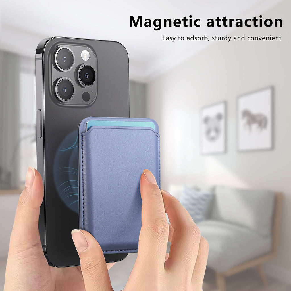 MagSafe card holder wallet with stand, blue leather-look card holder attached to phone
