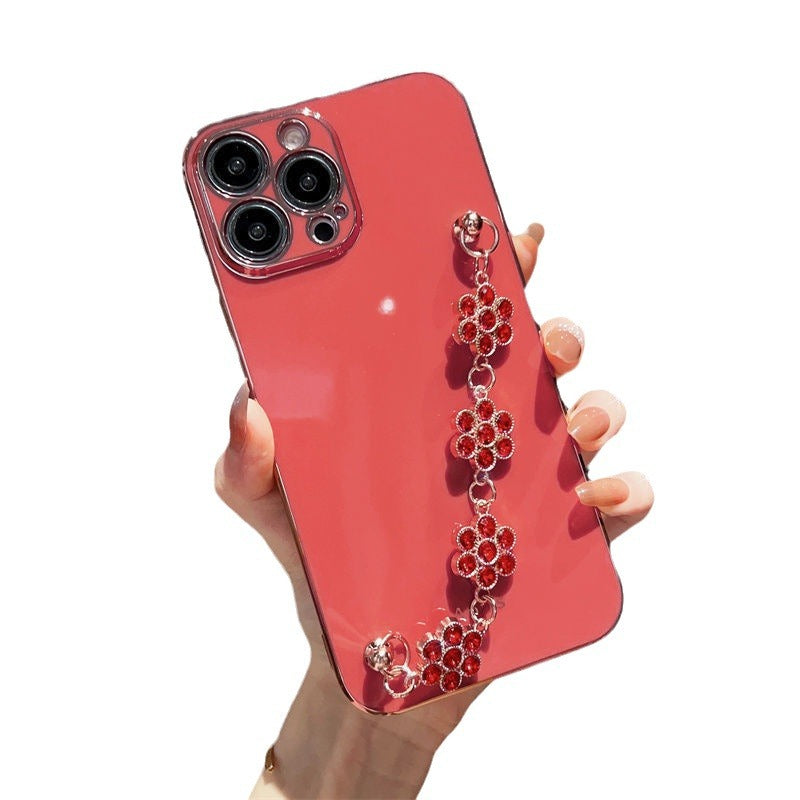 Red phone case with red rhinestone floral wrist bracelet chain