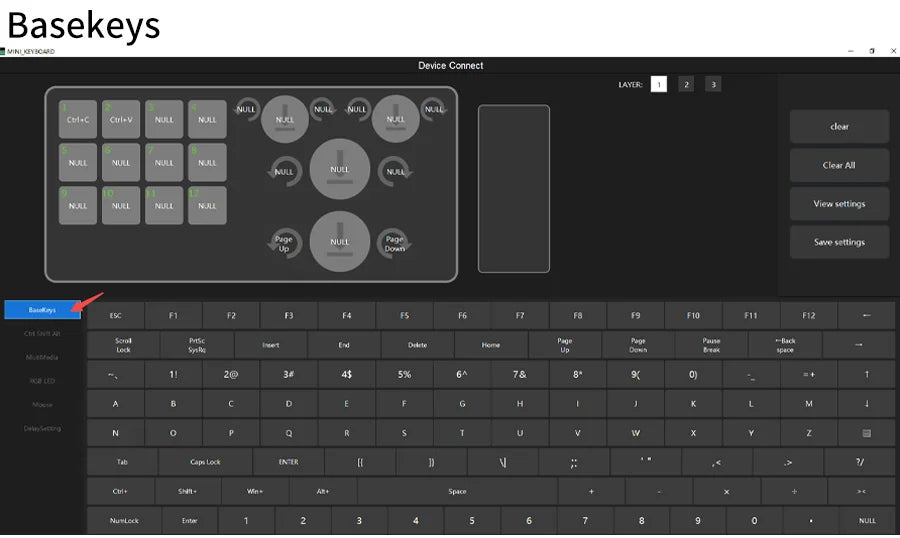 Keyboard software base keys layout with left-side navigation and save controls