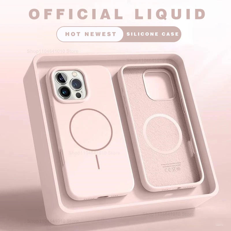 Magnetic phone case in cream silicone with MagSafe-style ring and camera cutout