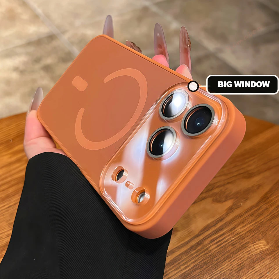 Magnetic phone case with large camera window, orange, camera lens openings and port cutouts.