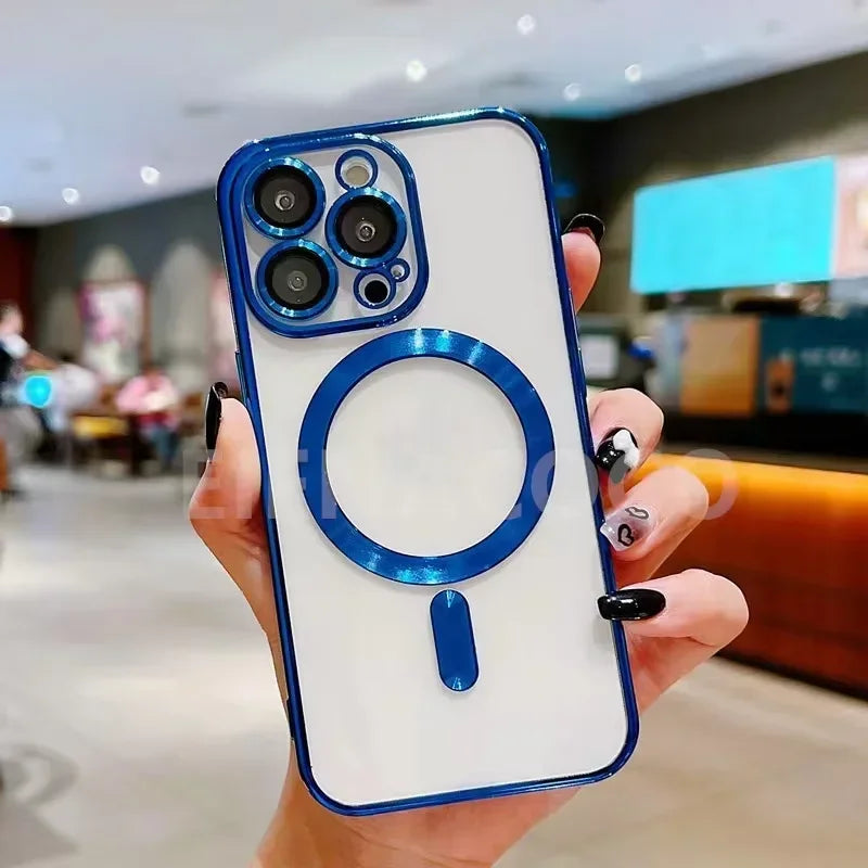 Blue magnetic wireless charging phone case with camera lens protector and metal ring