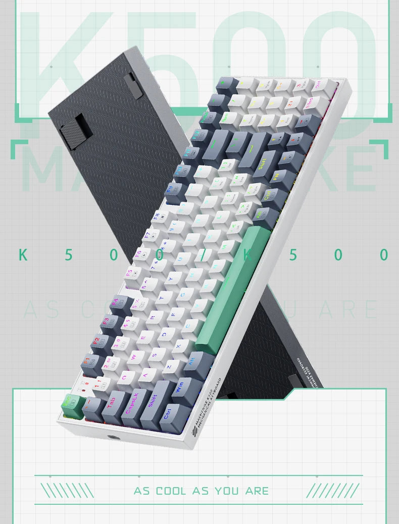 Mechanical keyboard shown at an angle, dark case with white and grey keycaps