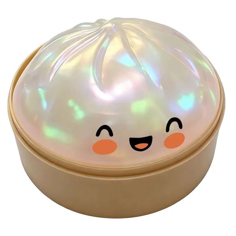 Iridescent white dumpling squishy fidget ball ornament with smiling face, in gold base