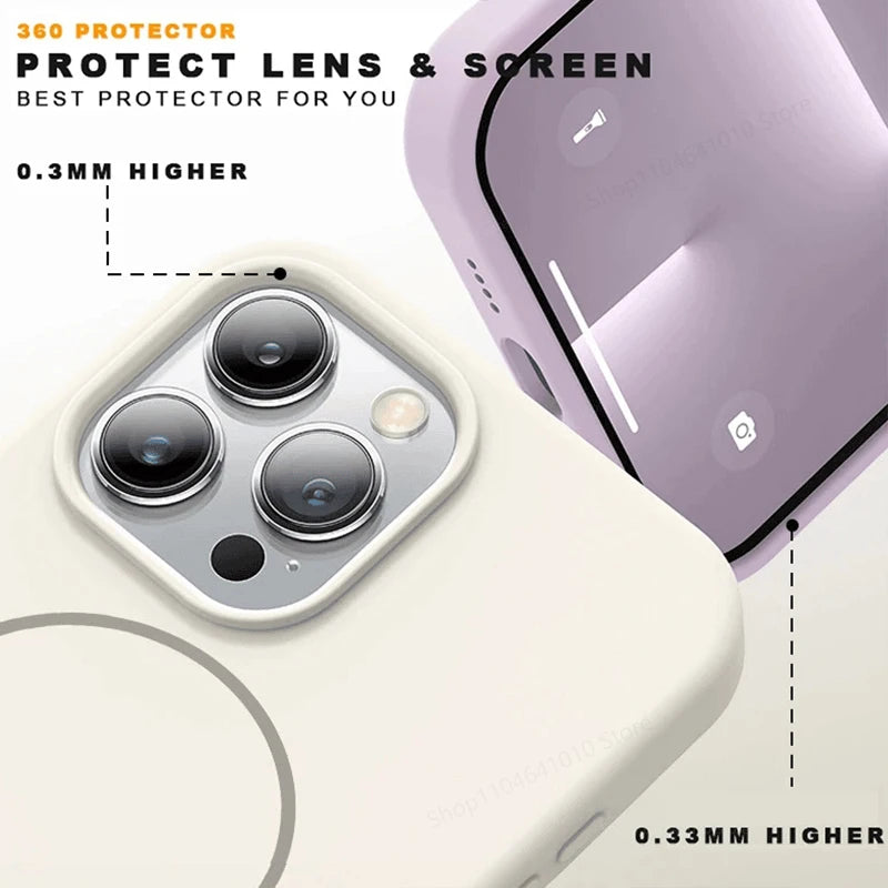 White magnetic silicone phone case with camera cutouts and MagSafe-style ring