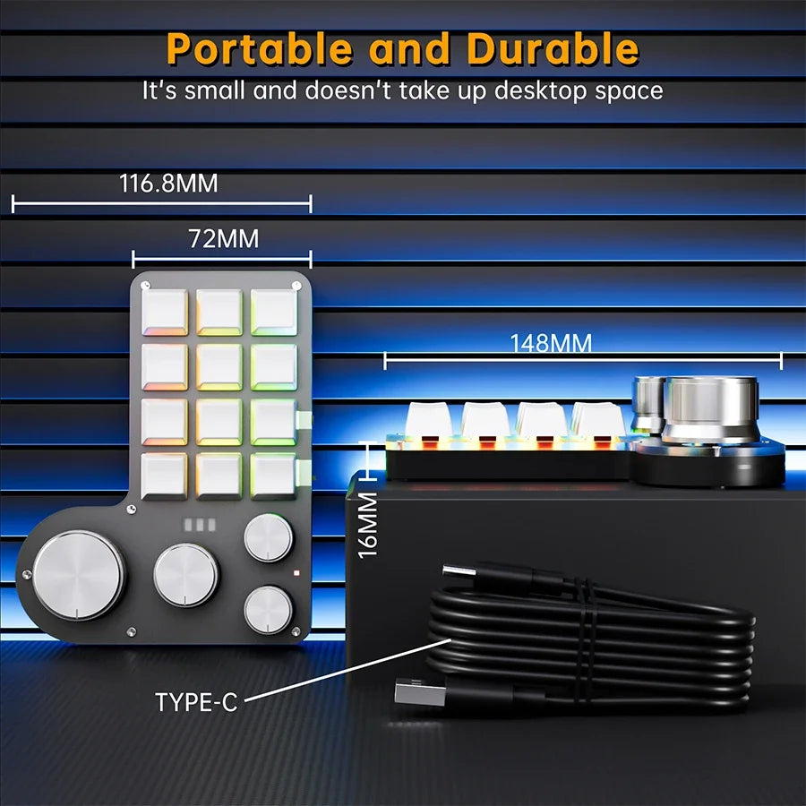 Compact black keypad with four silver knobs, RGB-lit white keys, USB-C cable coil