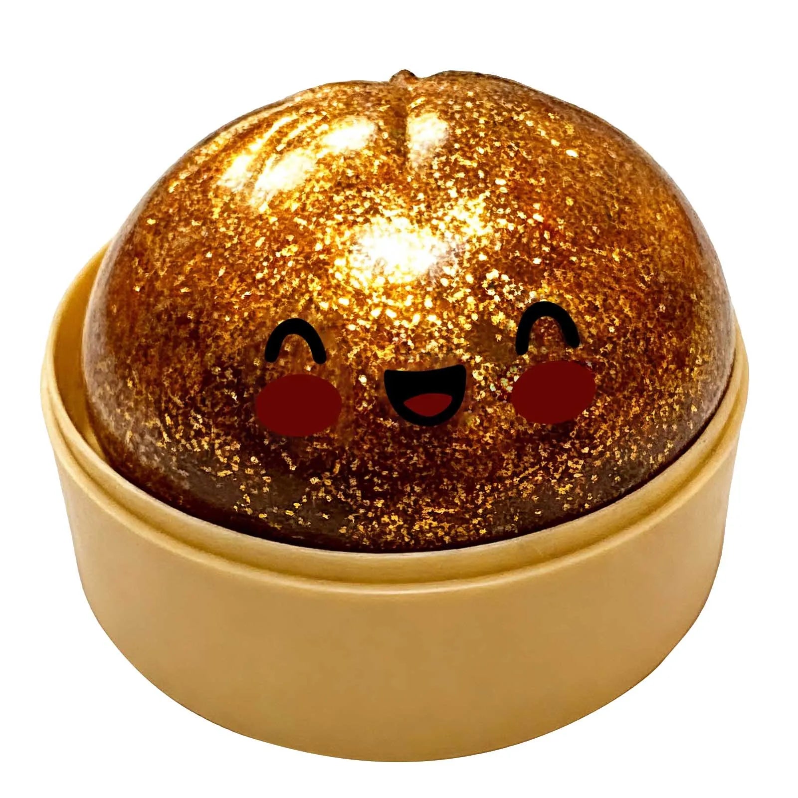 Close-up golden glitter steamed bun squishy with cute face in round beige case