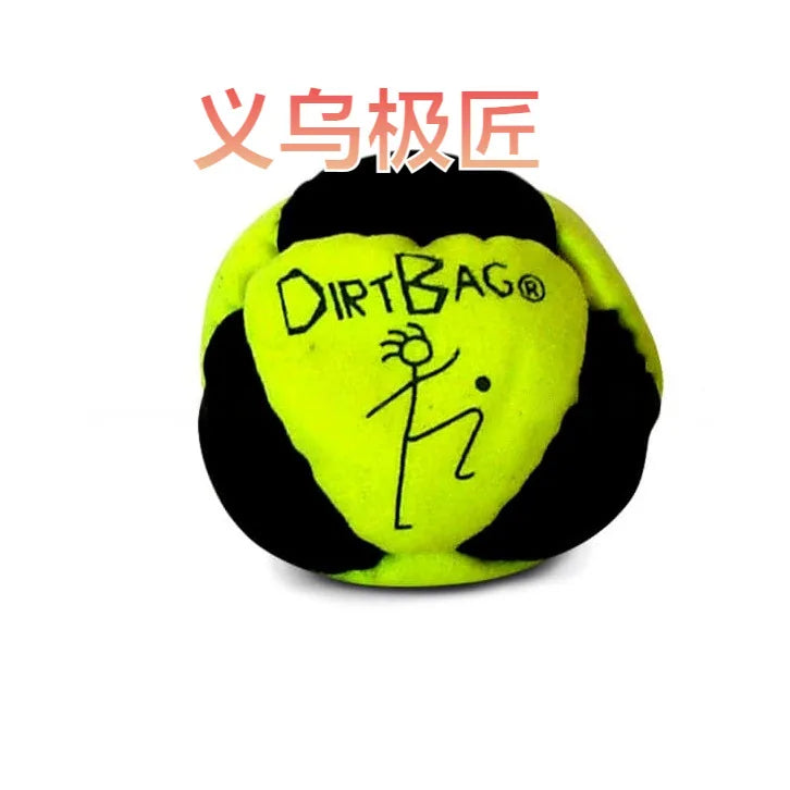Sand-filled hacky sack ball with neon green center and black border, logo design