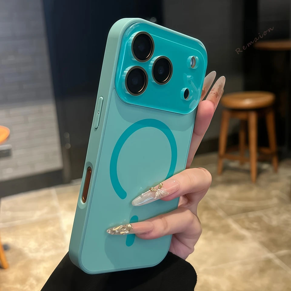 Magnetic phone case with large window, teal blue with circular ring cutout for camera