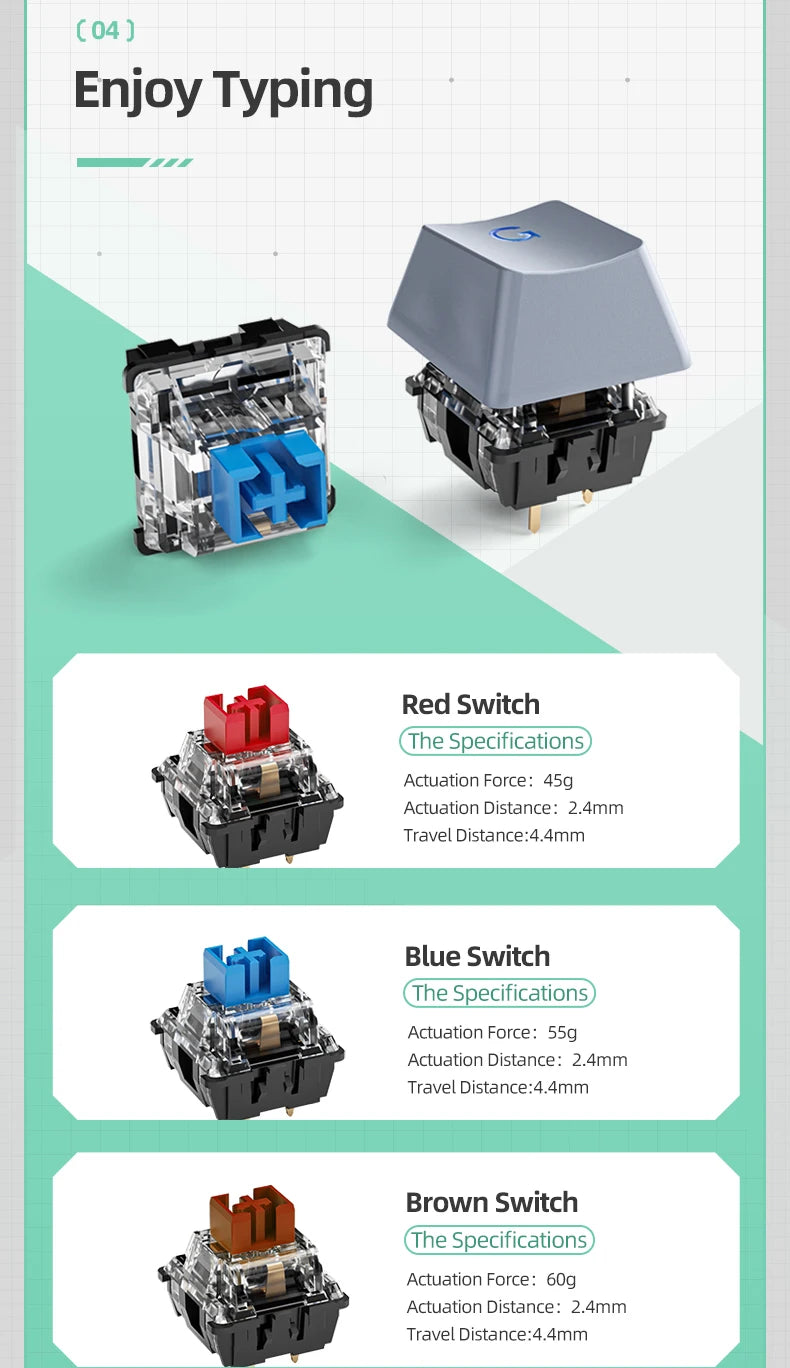 Mechanical keyboard switch samples: red, blue, and brown switch mechanisms