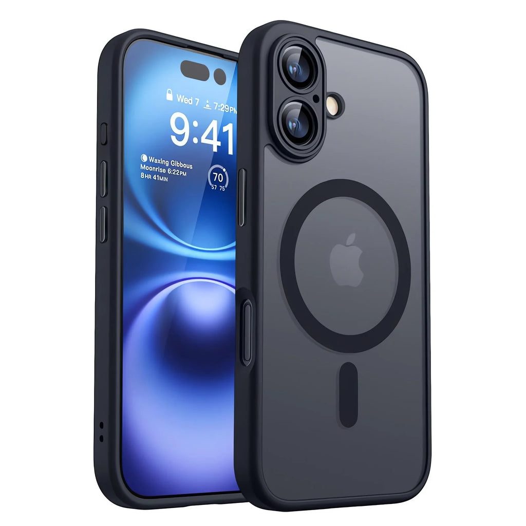 Matte translucent magnetic iPhone case with circular ring logo and camera cutouts, dark gray