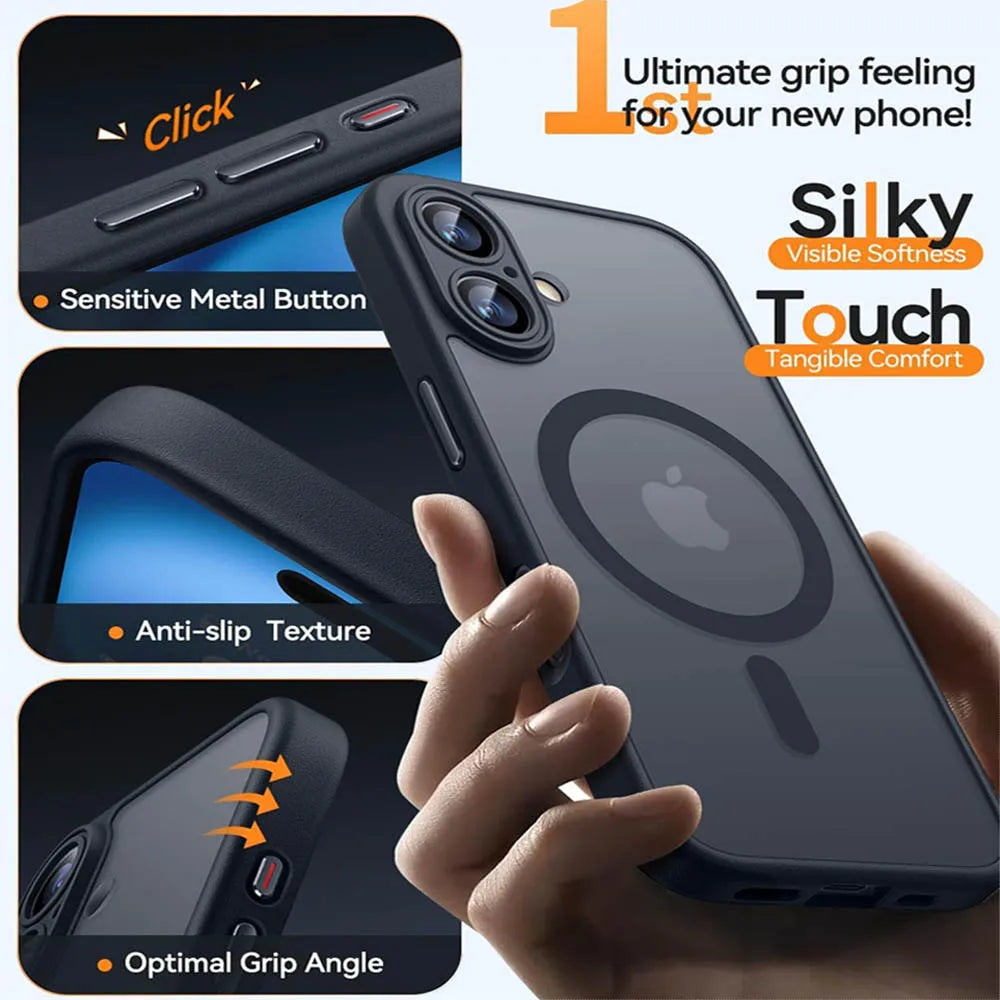 Matte translucent magnetic iPhone case with anti-slip texture, circular ring logo, and side buttons