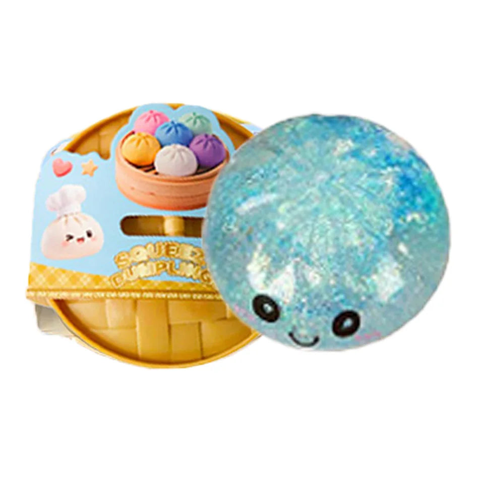 Blue glitter squishy dumpling character next to packaged set