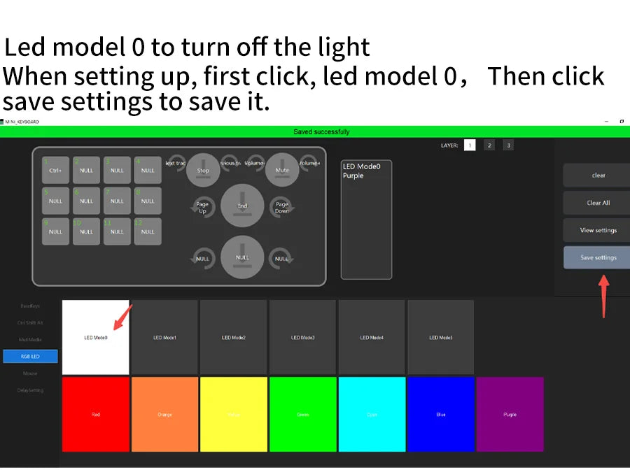 Mechanical keyboard LED Mode 0 color-off preview with RGB key blocks