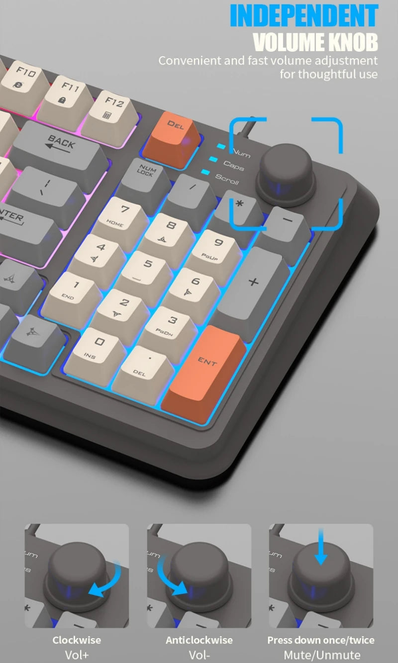 94-key keyboard with volume knob on top-right and RGB-lit key area