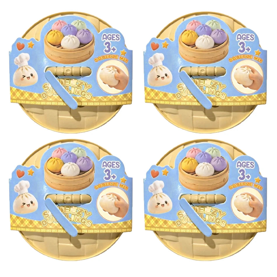 Squishy dumpling fidget toys, four blue blister packs with steamed bun squish balls