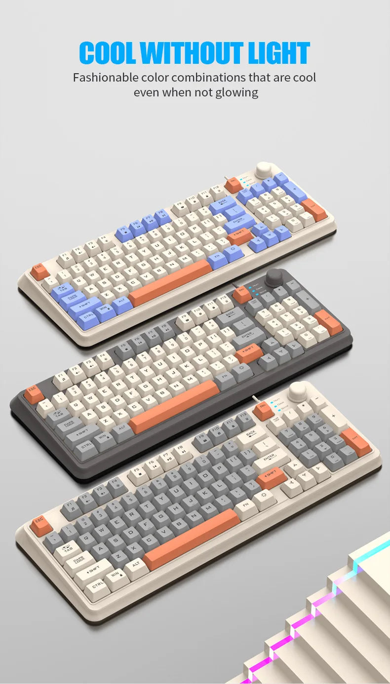 Wired RGB keyboard with multi-color keycaps and indicator glow, shown in stacked views