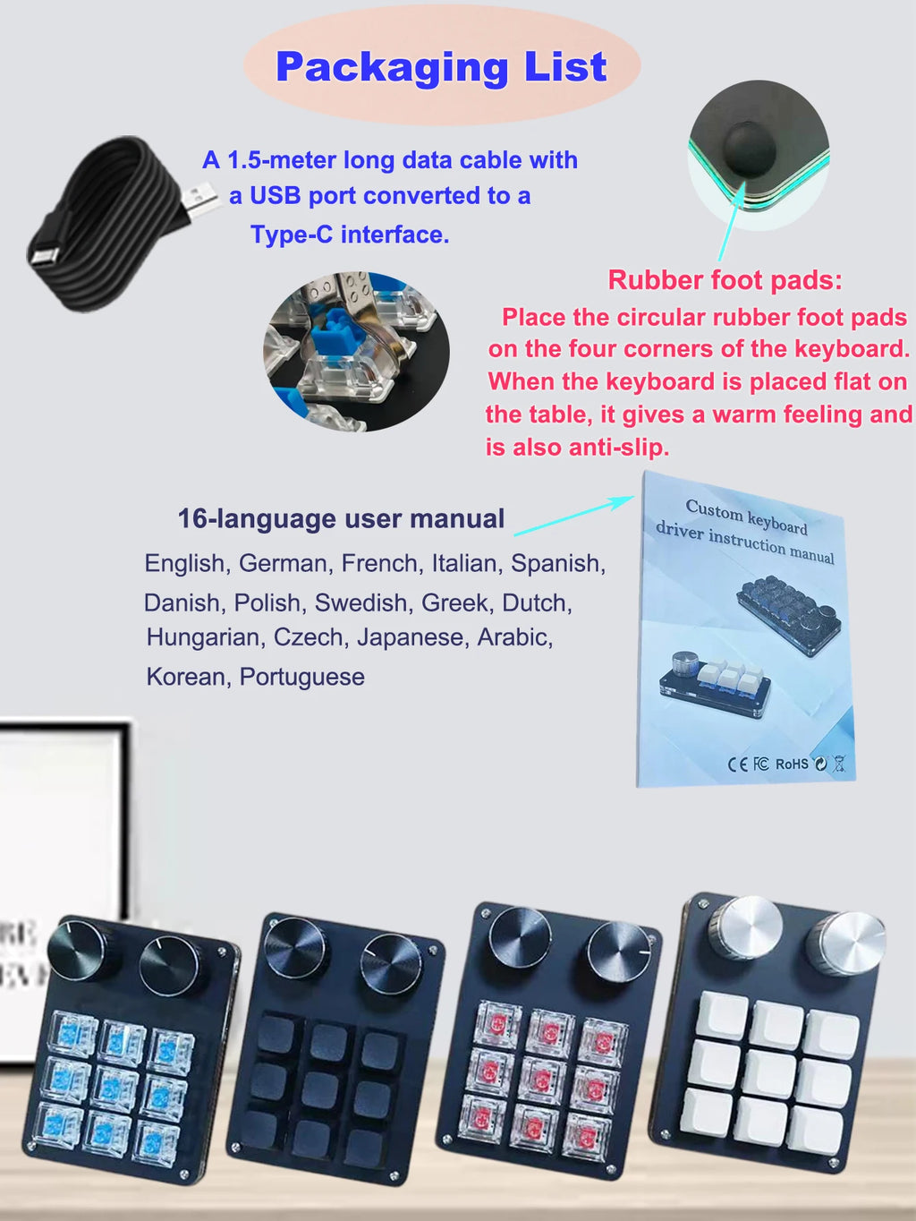 9-key editing keyboard package with Type-C cable and anti-slip rubber foot pads