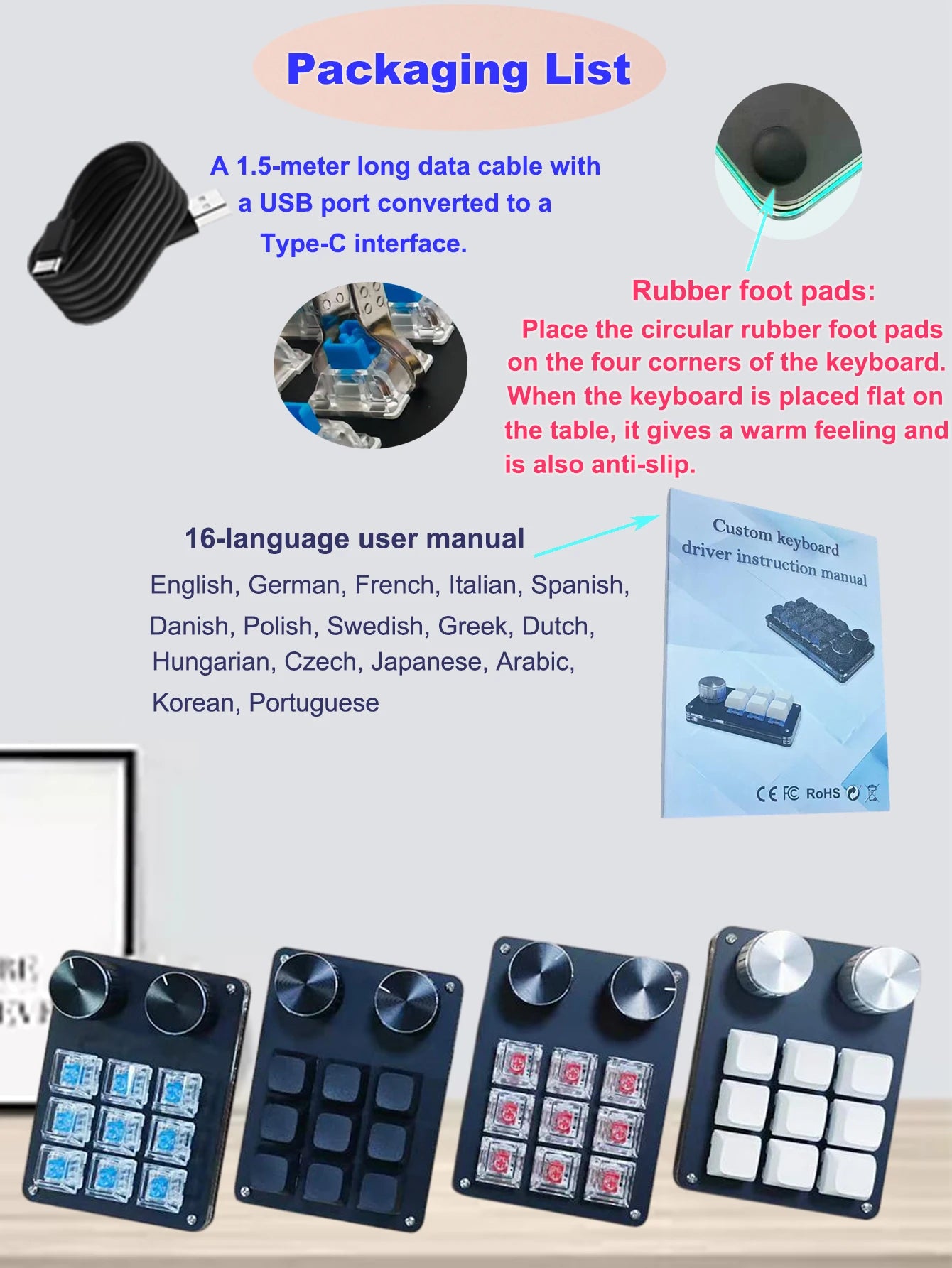 9-key editing keyboard package with Type-C cable and anti-slip rubber foot pads