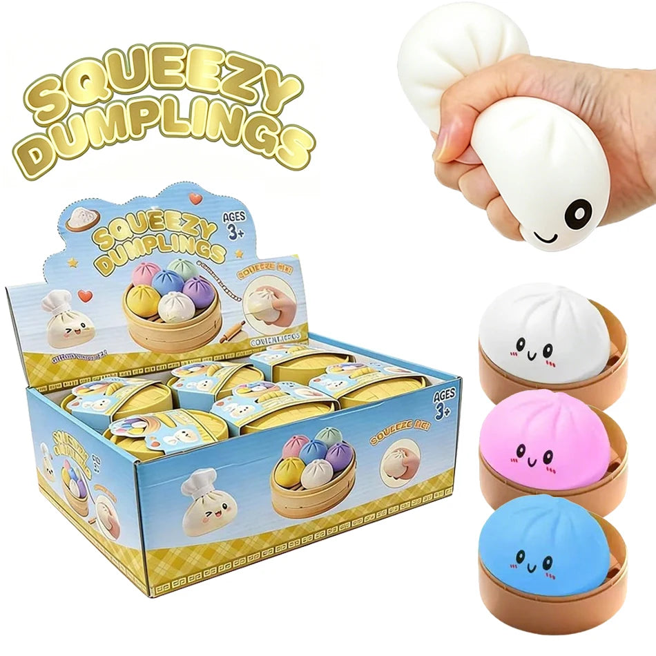 Squishy Dumpling Squishes Stress Balls Fidget Sensory Toys Simulation Food Squishies Bun with Steamer Squeeze Dough Ball Gifts