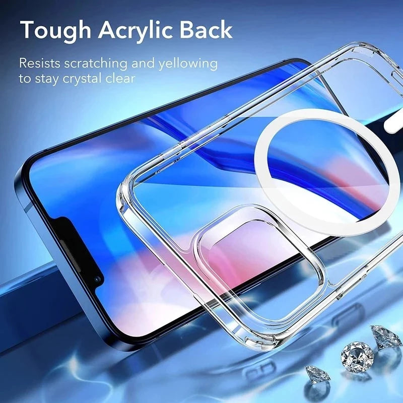 Clear magnetic iPhone case with MagSafe ring, protective acrylic back design
