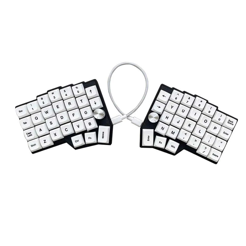 Split ergonomic keyboard kit with two sections, white keycaps, and connected cable
