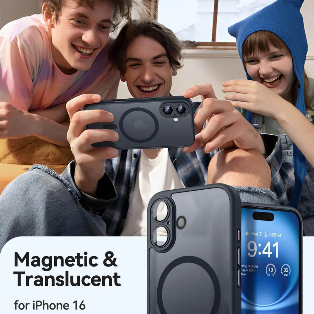 Matte translucent magnetic iPhone case with circular ring design and camera cutouts, dark gray