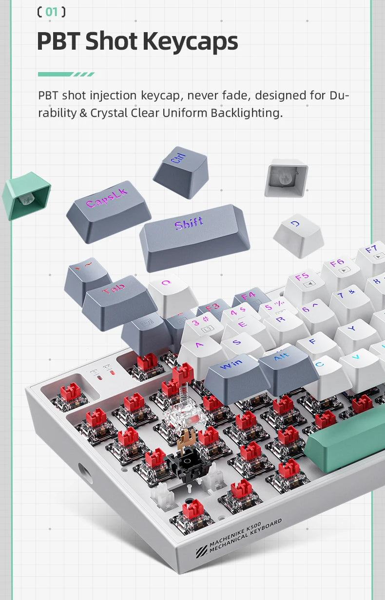 PBT shot keycaps mechanical keyboard with hot-swap switches shown below