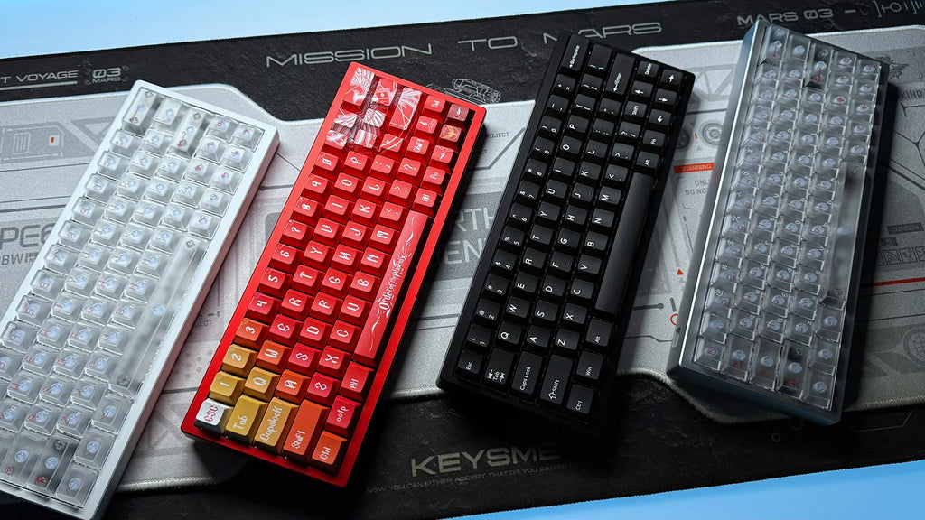 RGB keyboard PCB kit with black, red, and clear keycap-style switches
