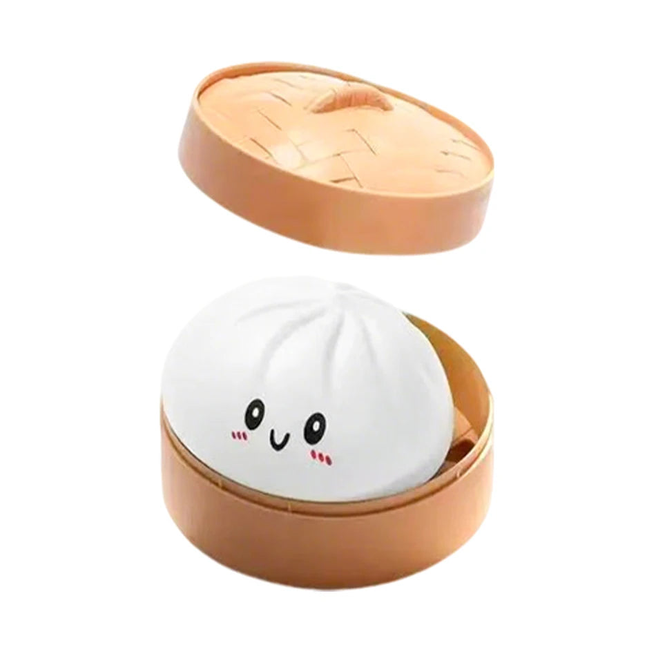 Orange-brown squishy bun stress ball with white face in open steamer top