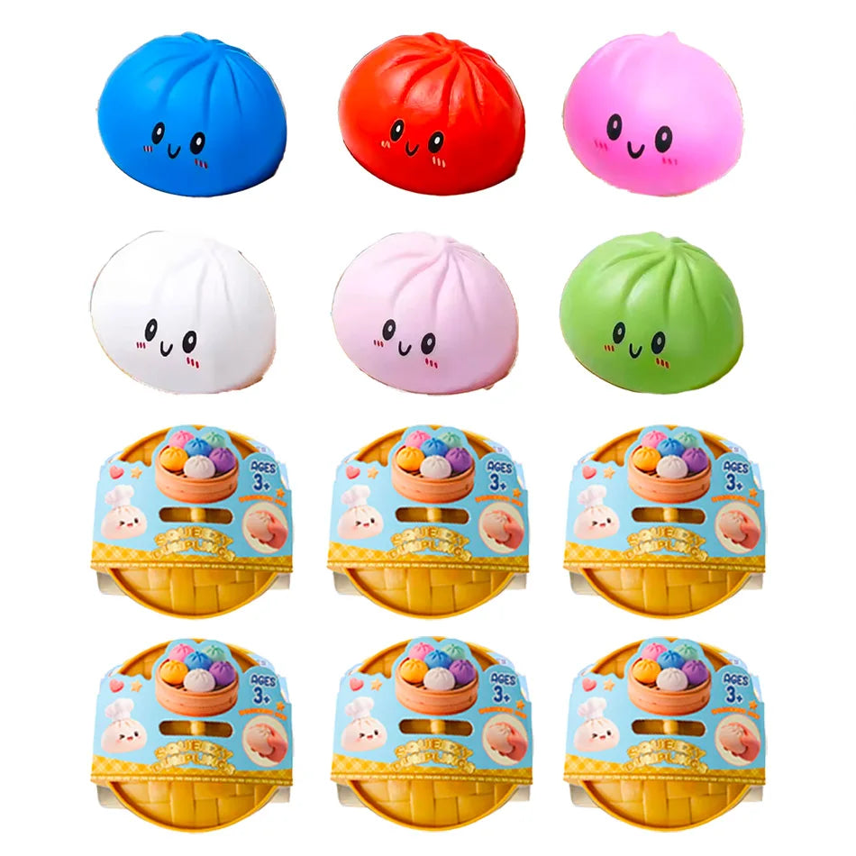 Assorted squishy dumpling fidget toys with faces and small boxed packages