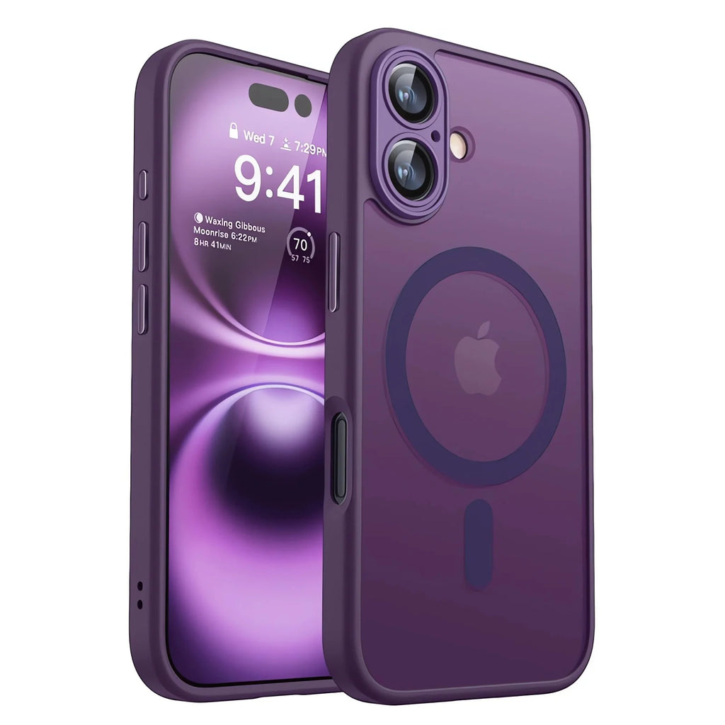 Magnetic shockproof iPhone case, dark purple matte translucent with MagSafe ring