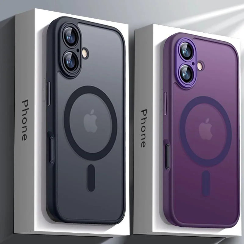 Magnetic shockproof iPhone case with matte translucent finish and circular ring logo, gray and purple