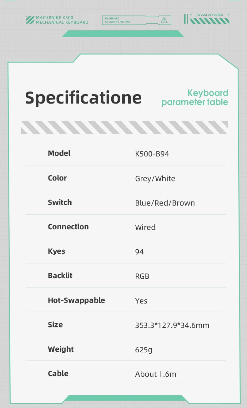 Keyboard specs panel: K500-B94, grey/white, 94 keys, wired, RGB backlight