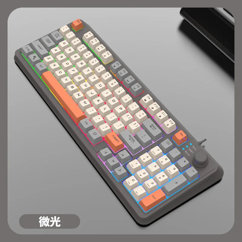 90% layout RGB keyboard with white keycaps and purple/blue backlighting, large right knob