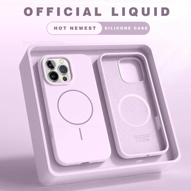 Pink magnetic silicone phone case with camera cutouts and MagSafe-style ring, in box
