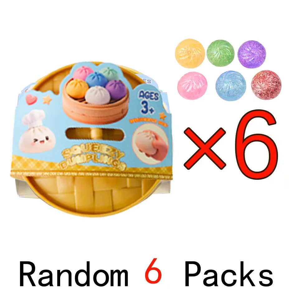 Squishy dumpling fidget toy packaging with count graphic for six sets