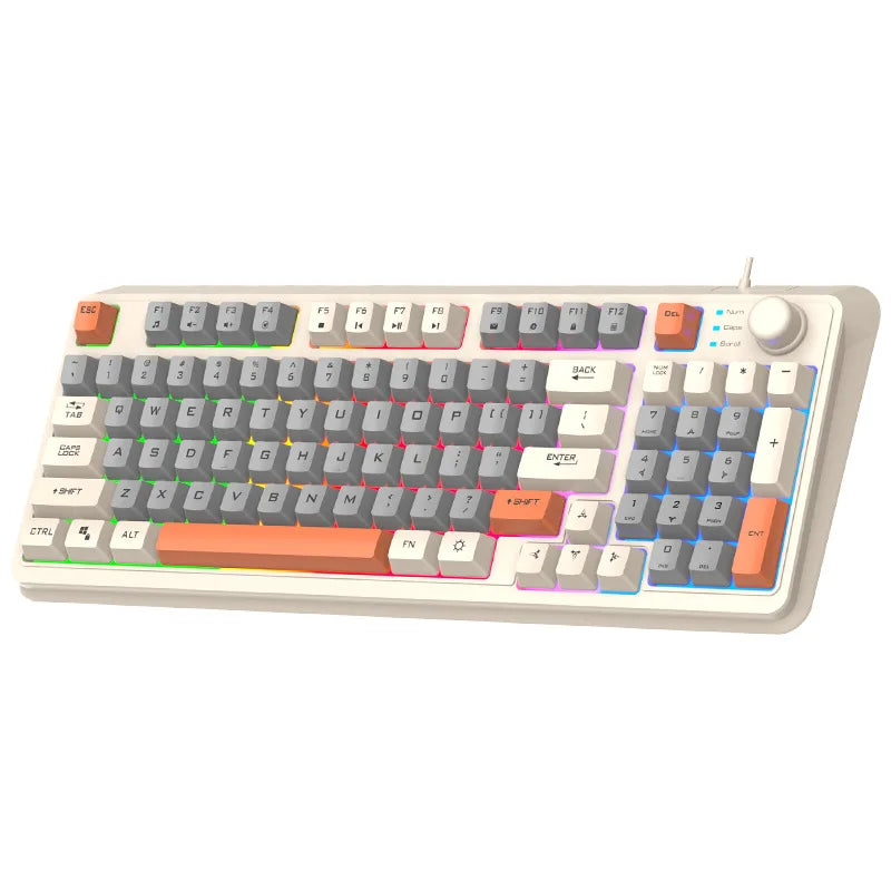 Close-up of 90% RGB keyboard keys with white keycaps and multicolor backlit legends.