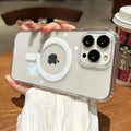 Clear magnetic iPhone case with MagSafe ring and triple camera cutouts, back view