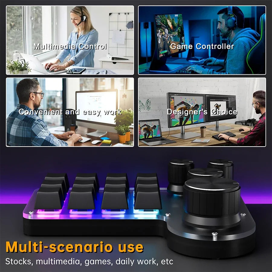 Black 12-key mechanical keypad with four knobs and RGB-lit white keycaps