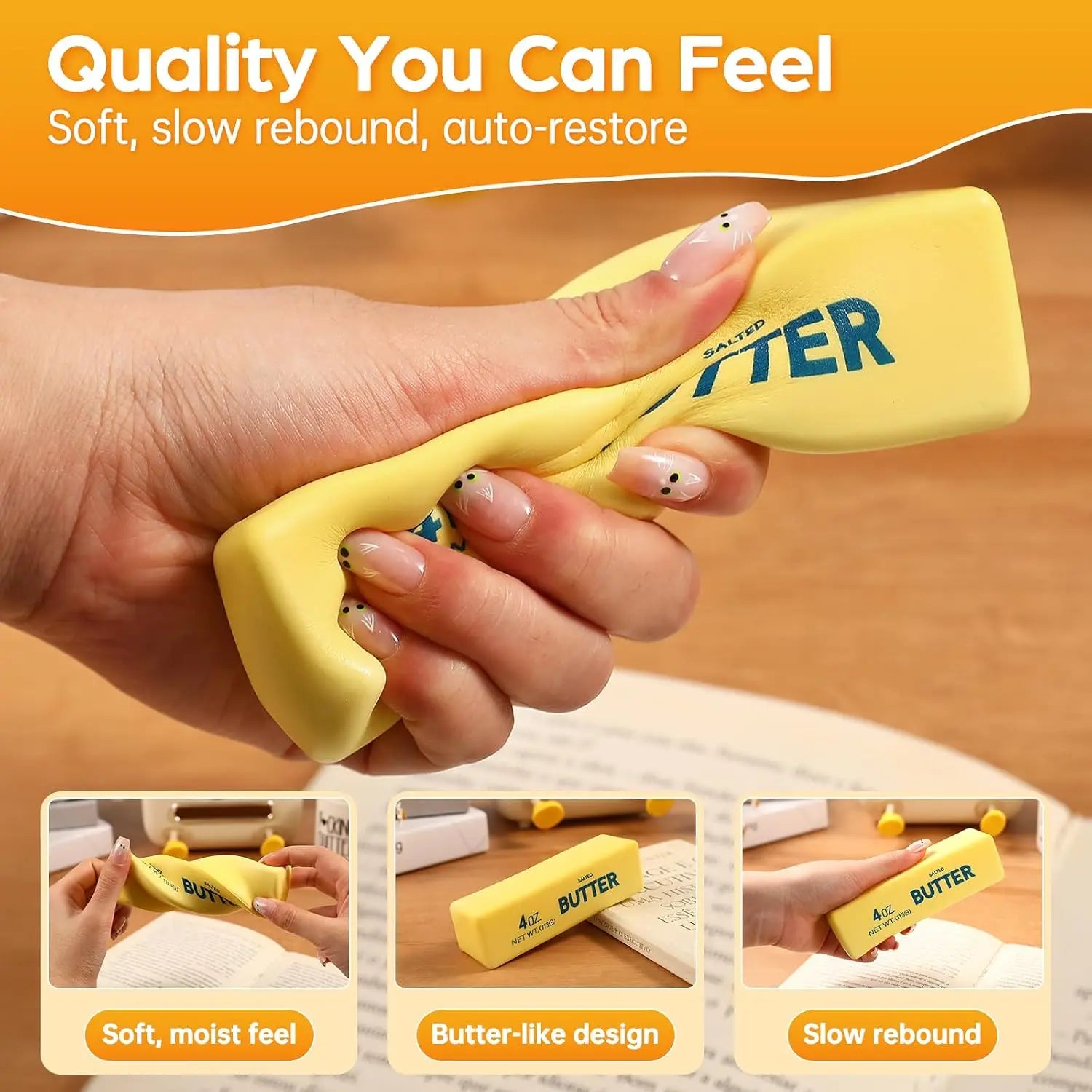 Yellow butter-shaped squishy fidget toy with hands squeezing, 4oz labeled